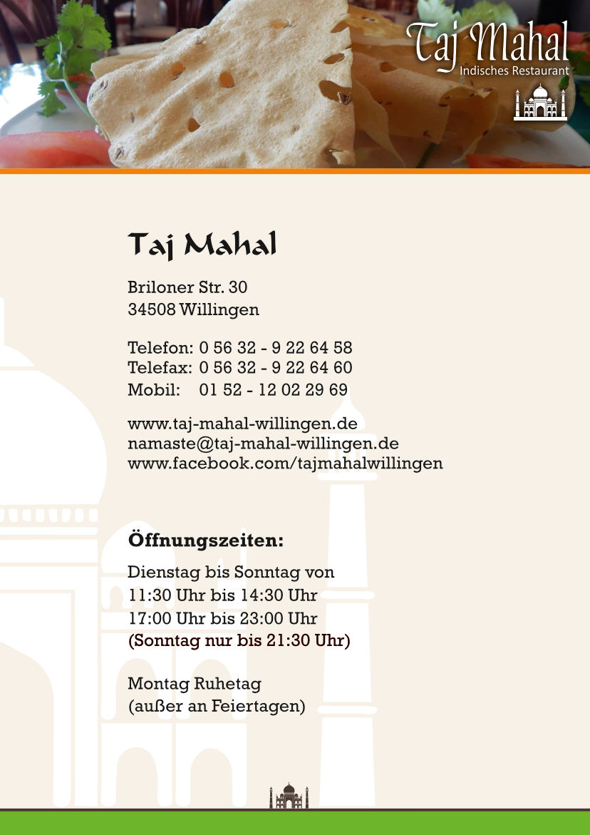Speisekarte Taj Mahal