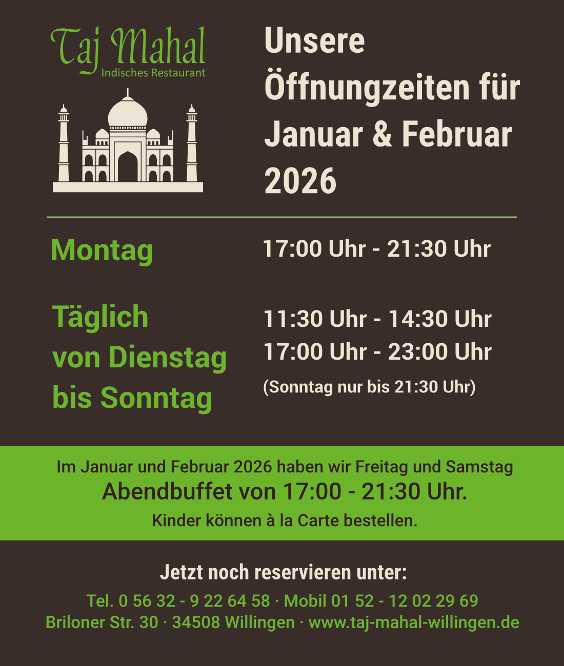 Öffnungzeiten für Januar bis Februar 2026